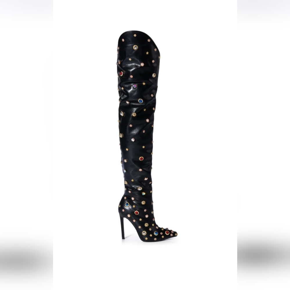 AZALEA WANG Corinne Embellished Above-the-Knee Boot – Black Size 11 (Runs Small)